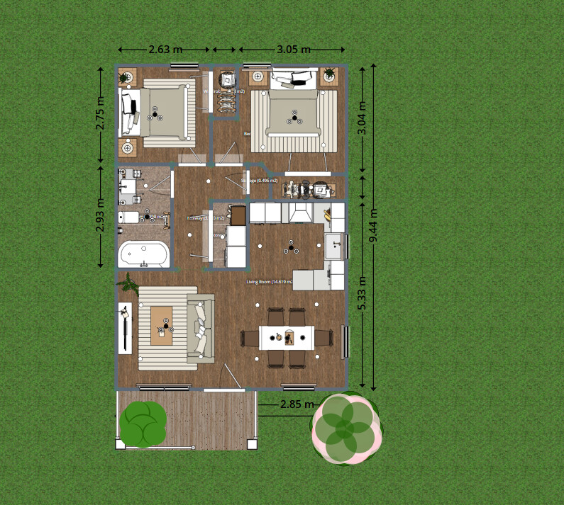 Blueprints - Charming Small Cottage House Plan — 2 Bedrooms, 57 m² (614 sq ft), Open Kitchen (No Garage)
