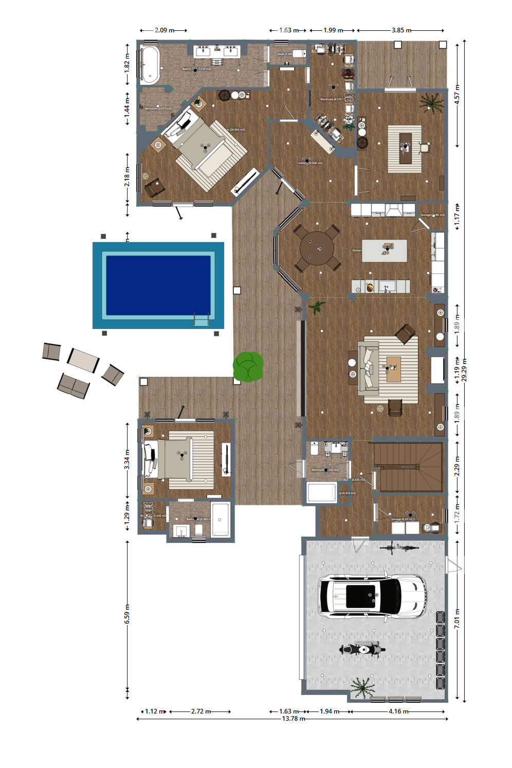 Blueprints - Elegant U-Shaped House Plan — 4 Beds, Courtyard Pool, 318 m² (3,423 sq ft), 1-Car Garage