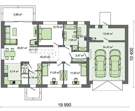 Visualization gallery - The project of a one-story cottage with a garage for two cars