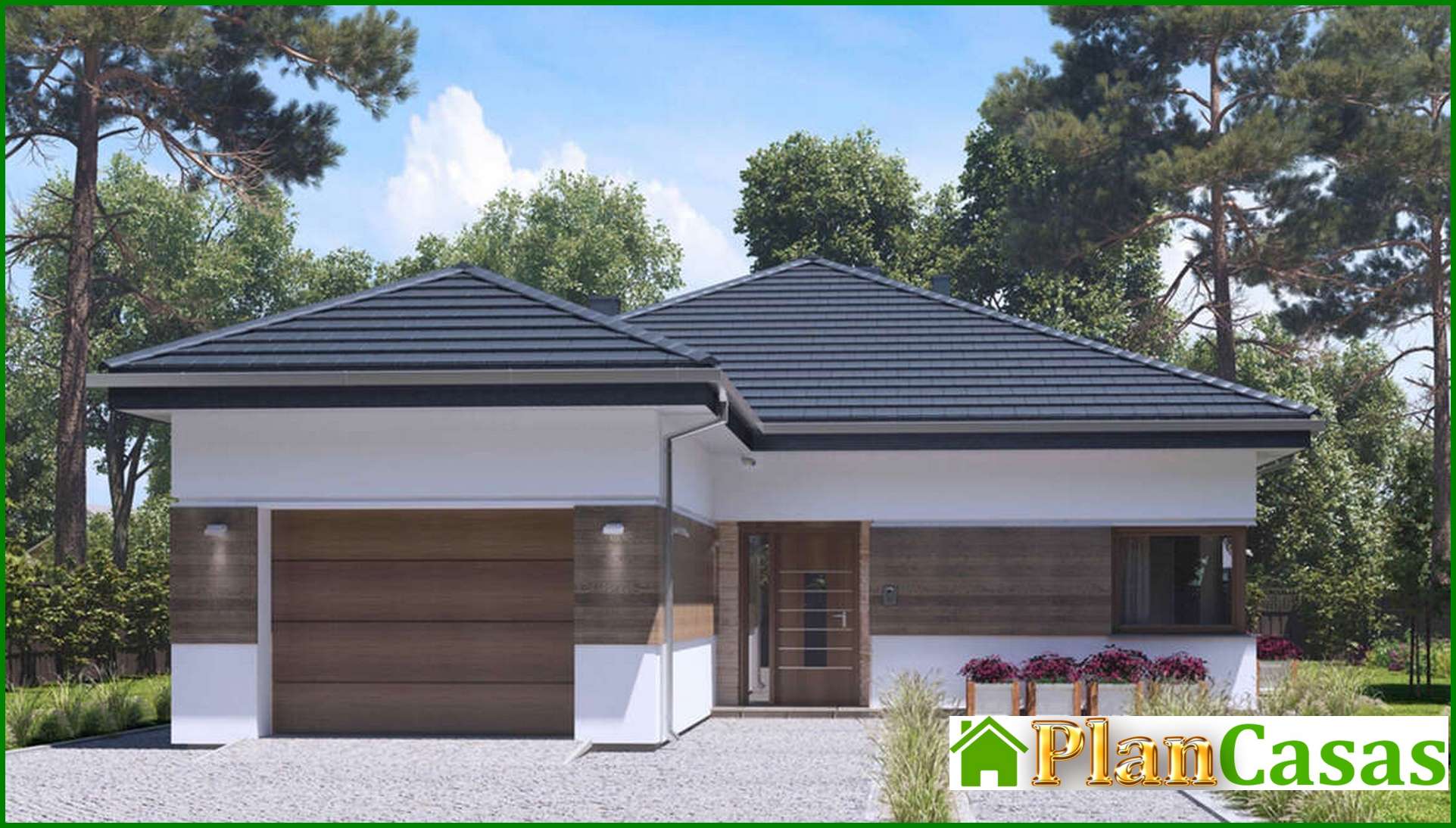 Galería de visualizaciones - Proyecto de casa de una planta con decoración de piedra artificial