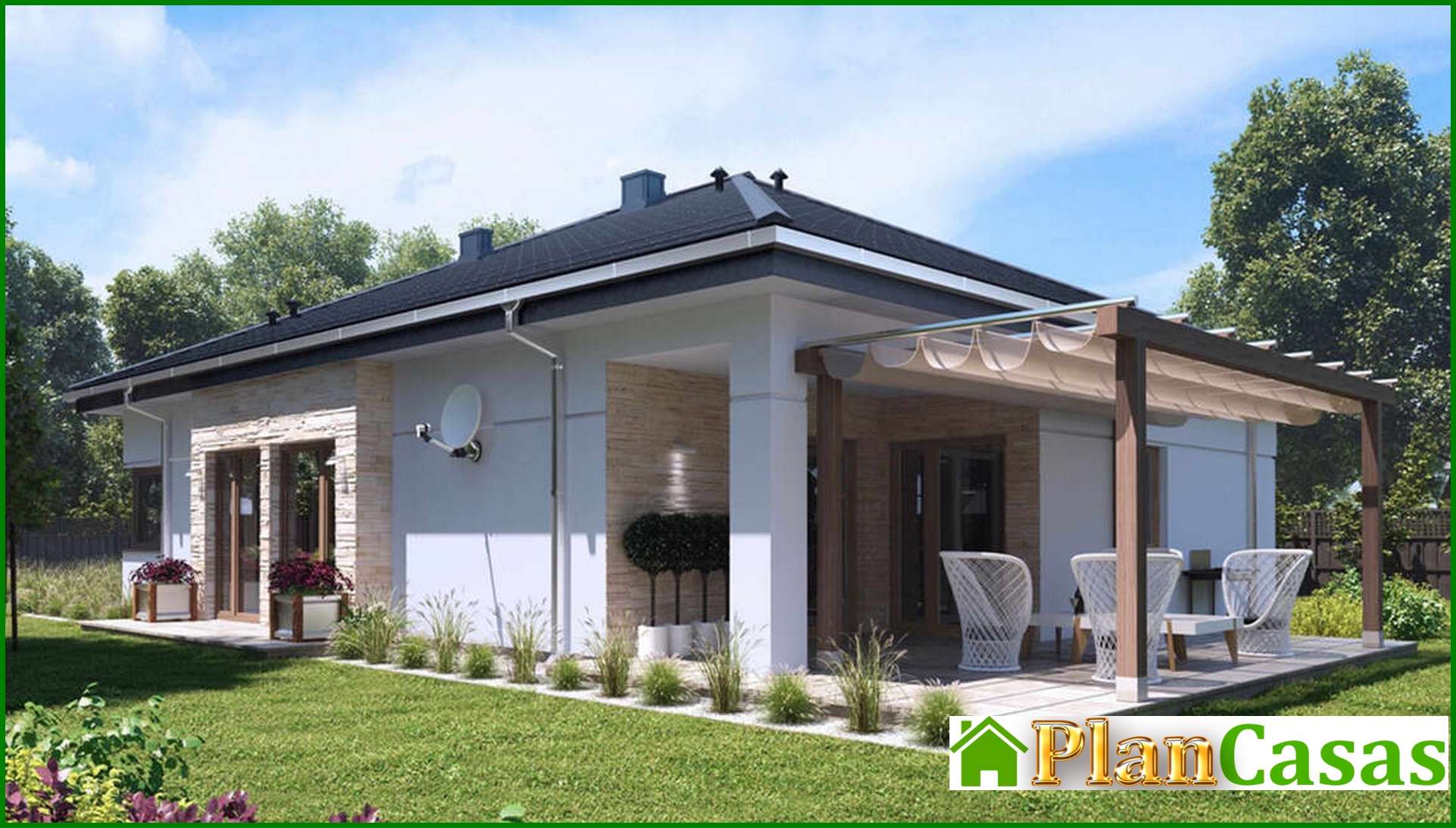 Galería de visualizaciones - Proyecto de casa de una planta con decoración de piedra artificial