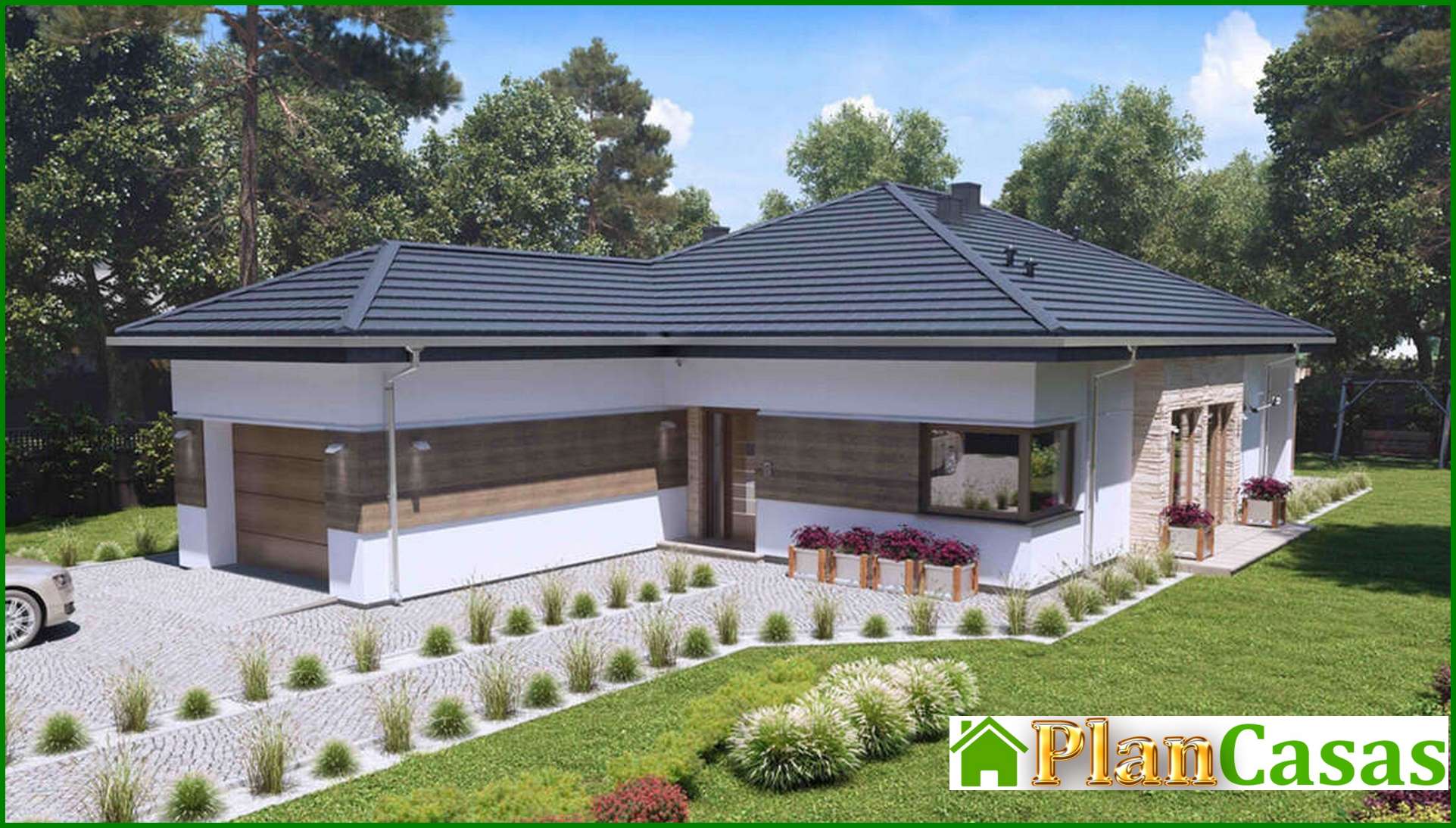 Galería de visualizaciones - Proyecto de casa de una planta con decoración de piedra artificial