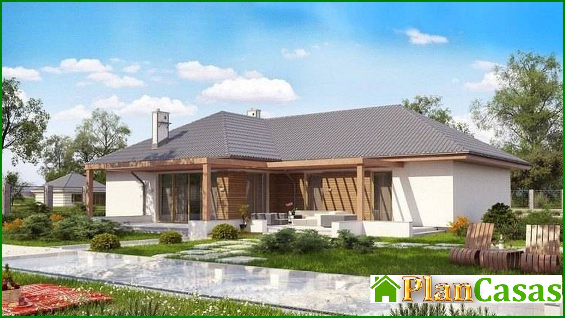 The project of a one-story cottage with a frontal garage for two cars house plan