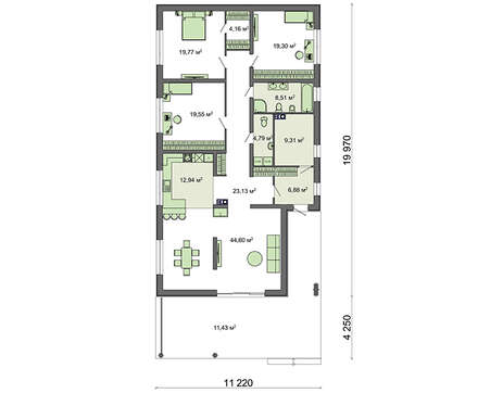 Visualization gallery - Design of a one-storey 3-bedroom cottage for a narrow plot