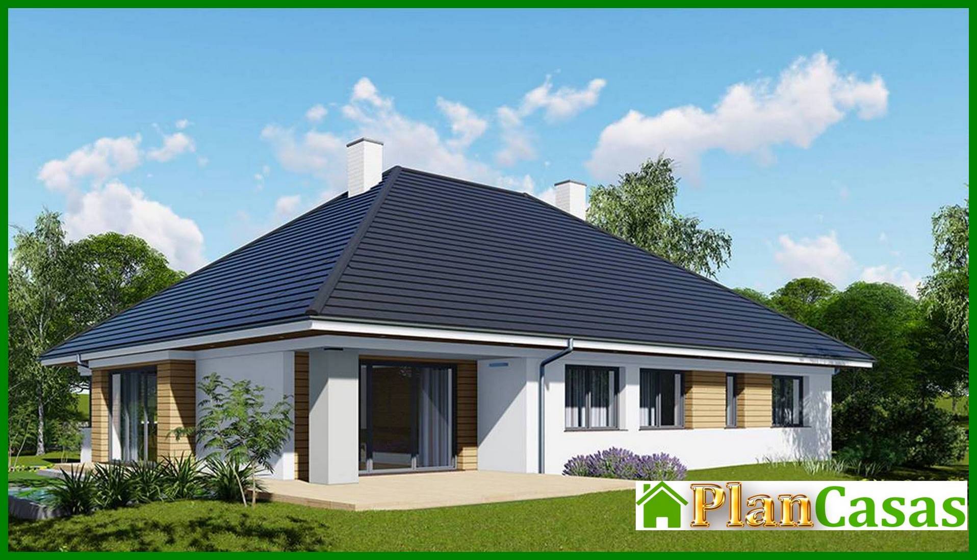 One-floor house project with four bedrooms and an office house plan