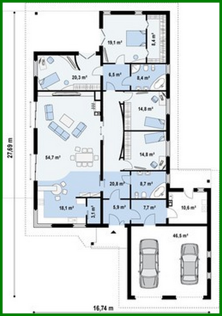 Visualization gallery - Single-storey cottage project for a narrow plot with a large garage