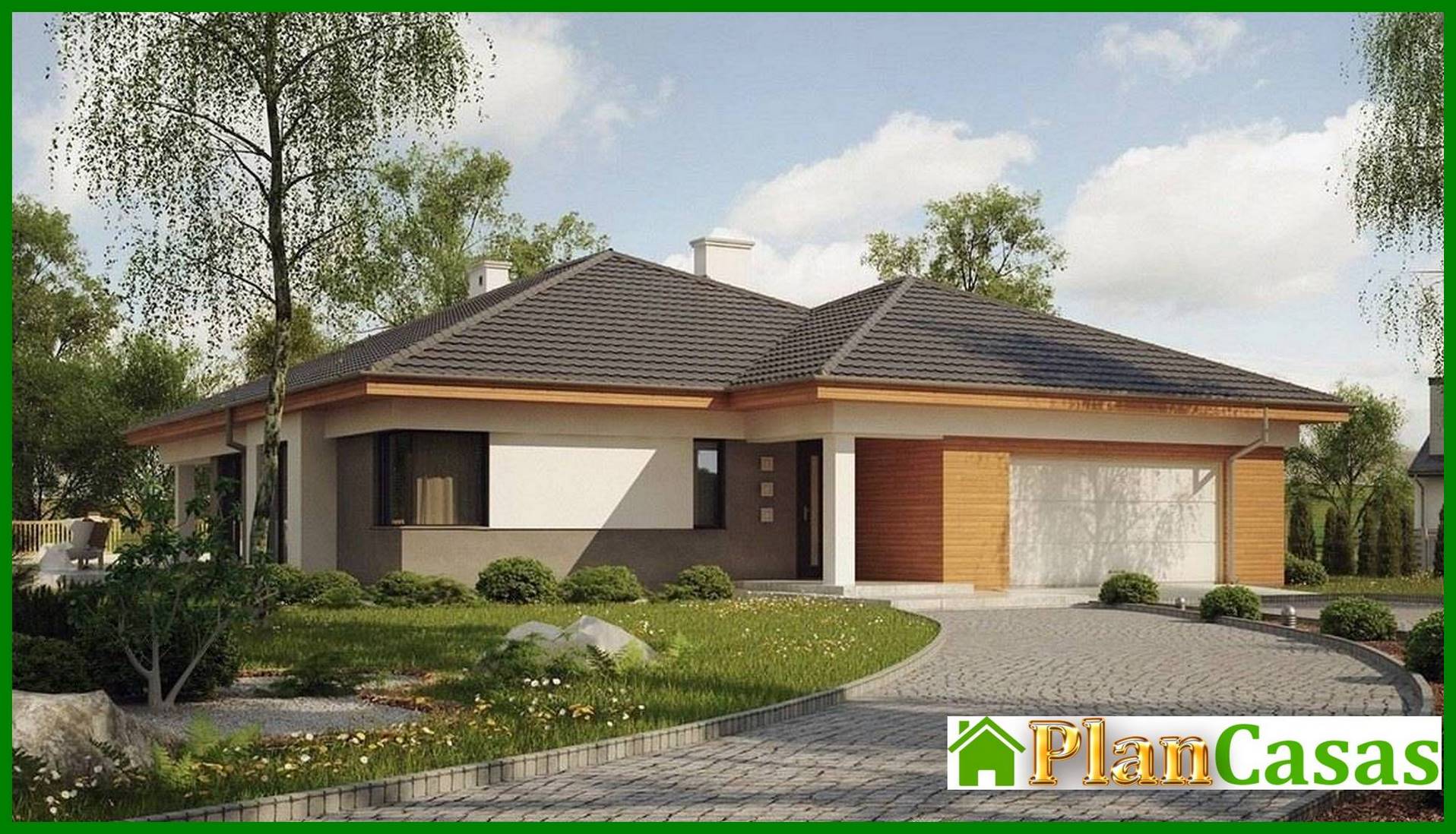 One-storey house project with bay window and terrace house plan