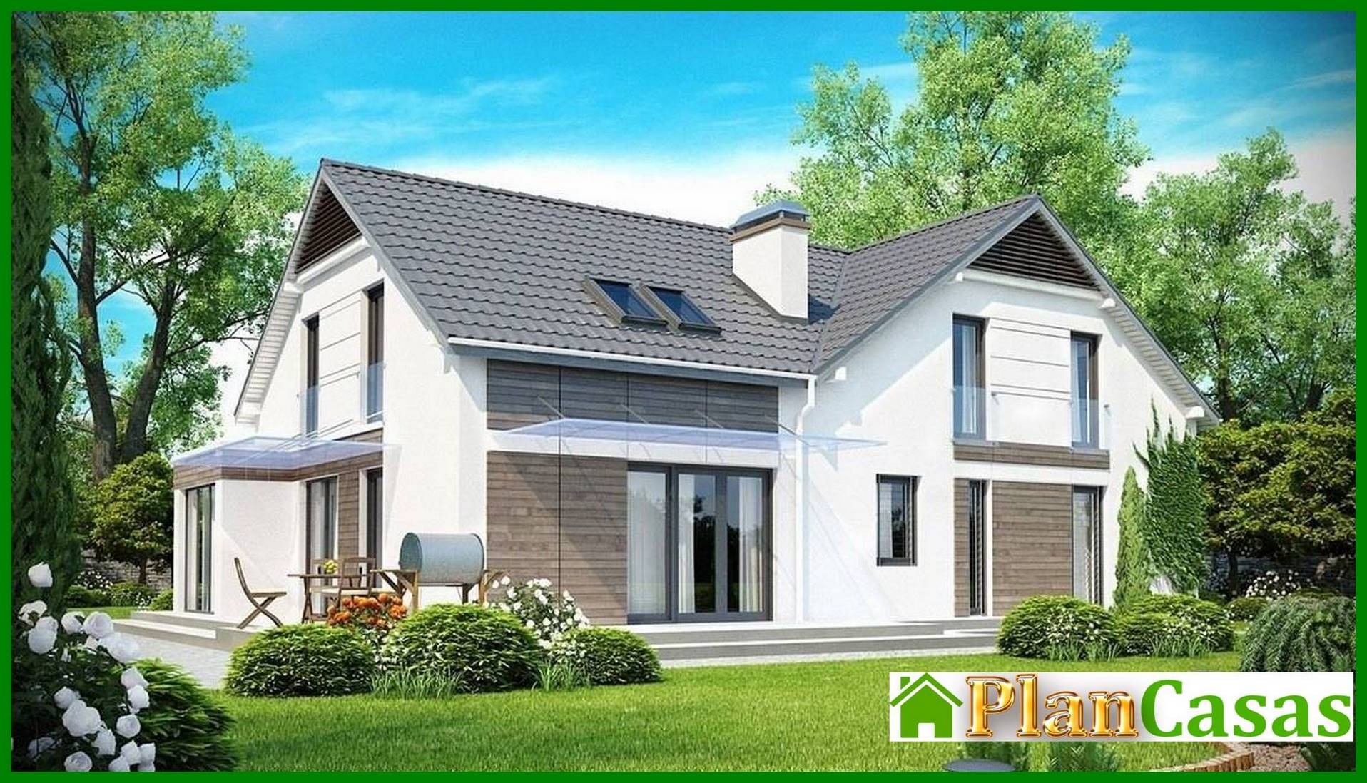 Cottage project with a garage for two cars and a corner bay window house plan