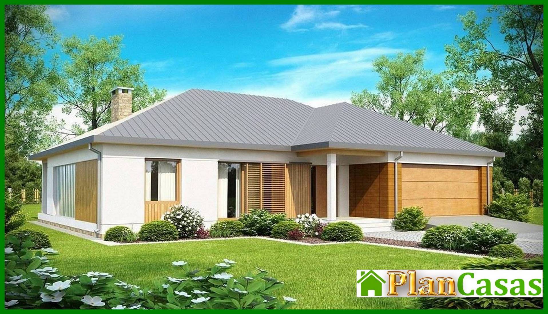 One-storey cottage project with a garage and a covered terrace house plan