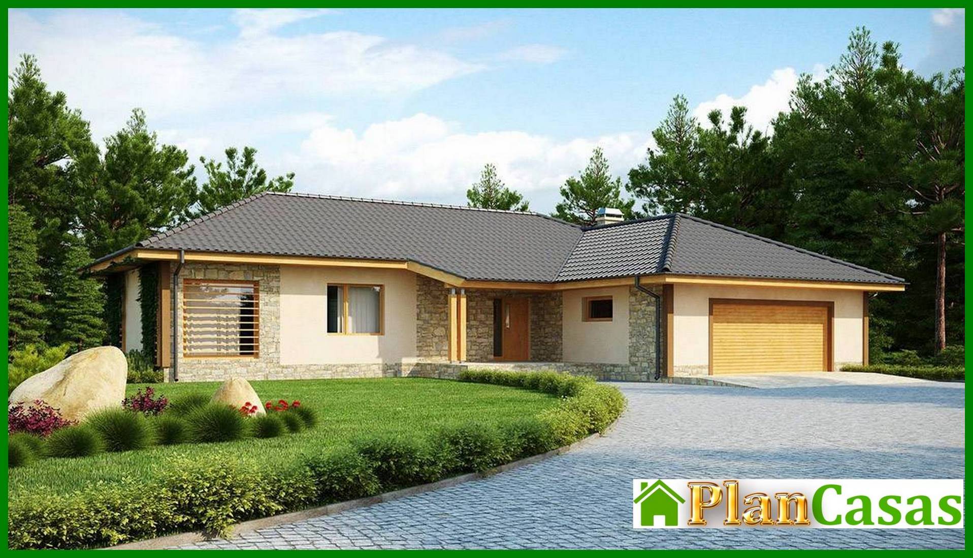 One-storey house project with a garage for two cars and a four-gable roof house plan
