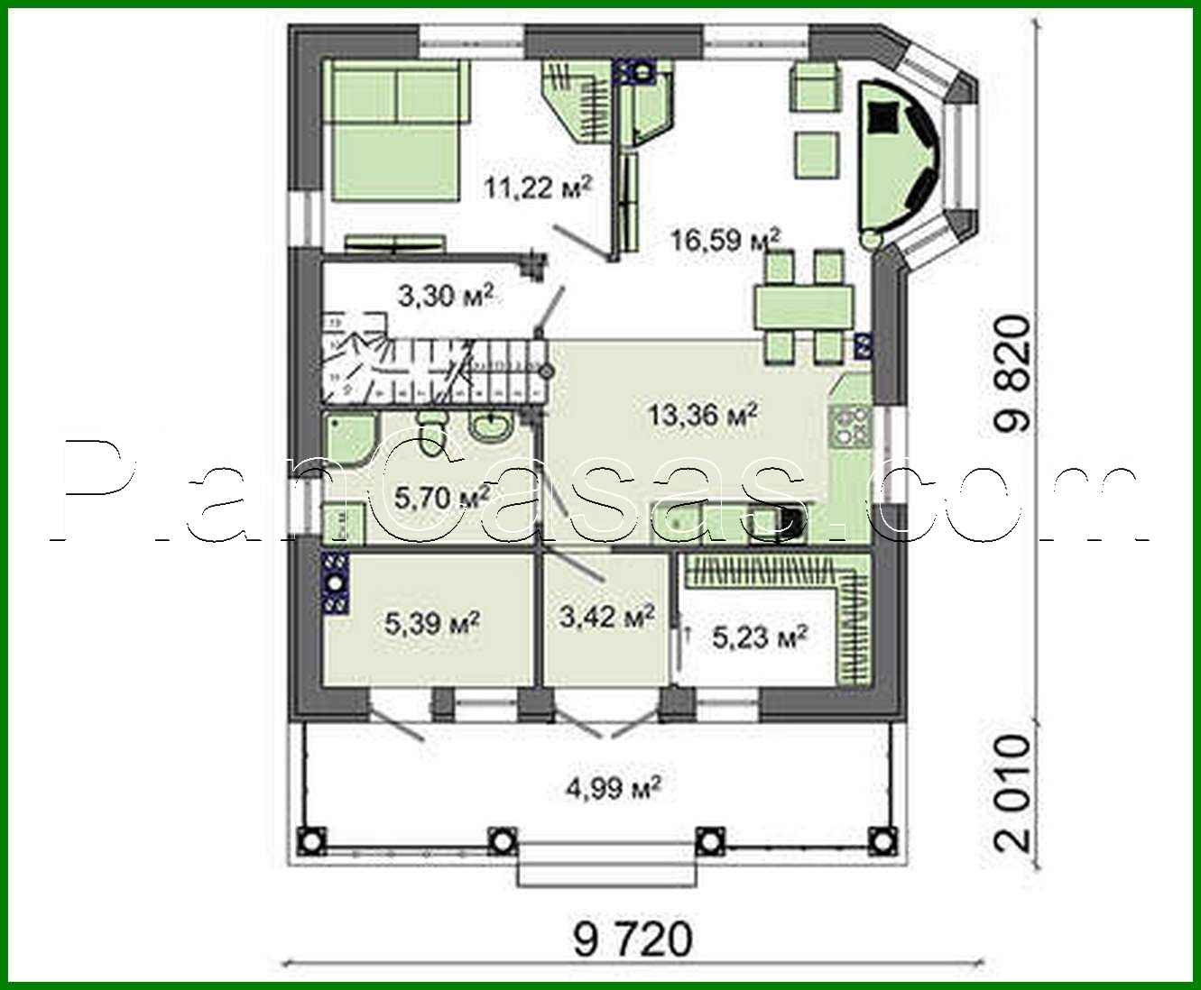Galería de visualizaciones - Proyecto de una casa blanca como la nieve de dos plantas con columnas y balcones con un área total de 133 m²