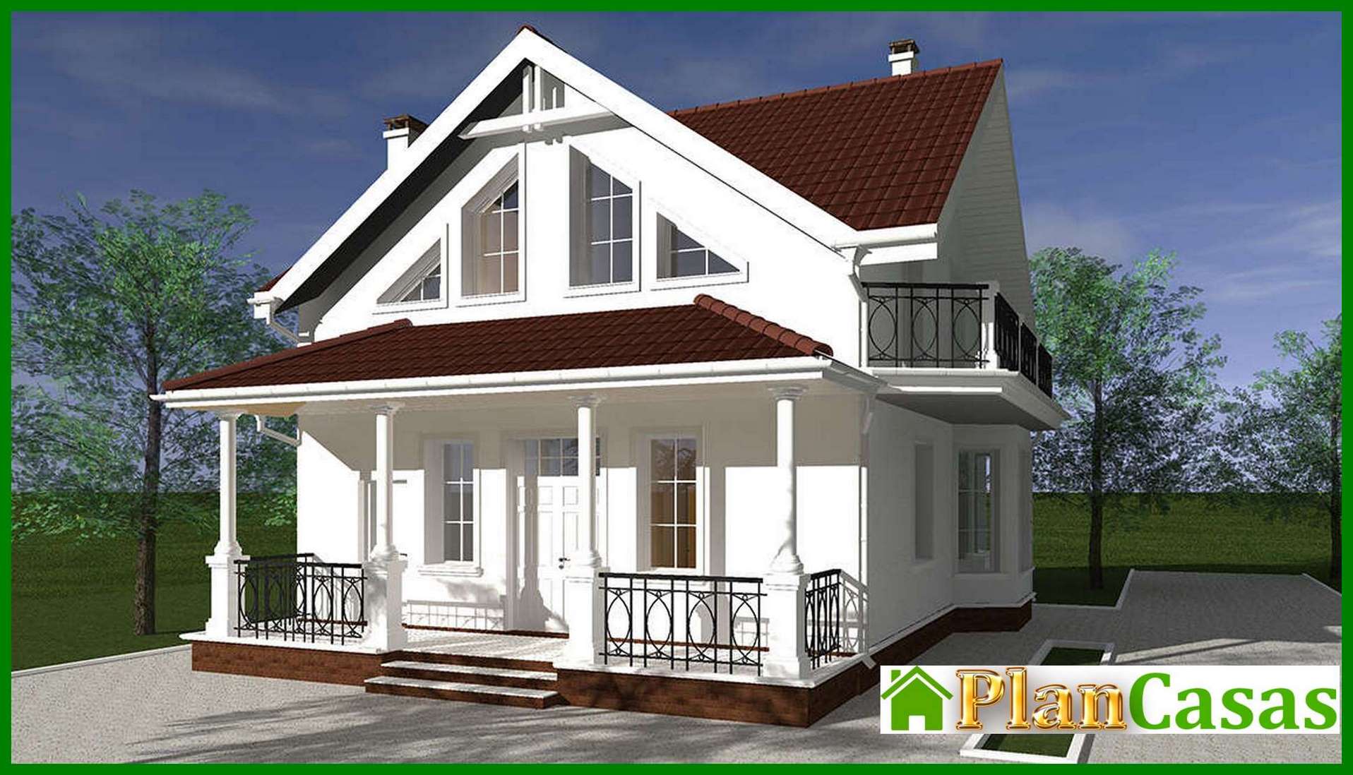The project of a snow-white house in two floors with columns and balconies with a total area of 133 square meters house plan