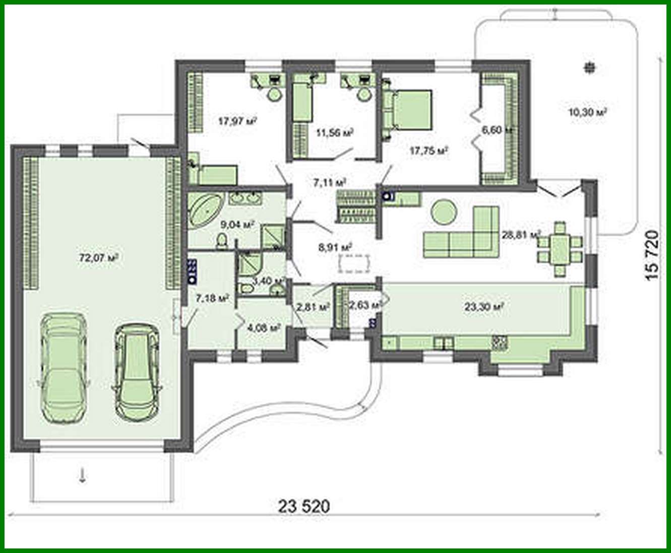 Visualization gallery - The project of a one-story cottage for 3 bedrooms with an area of 233 square meters. m