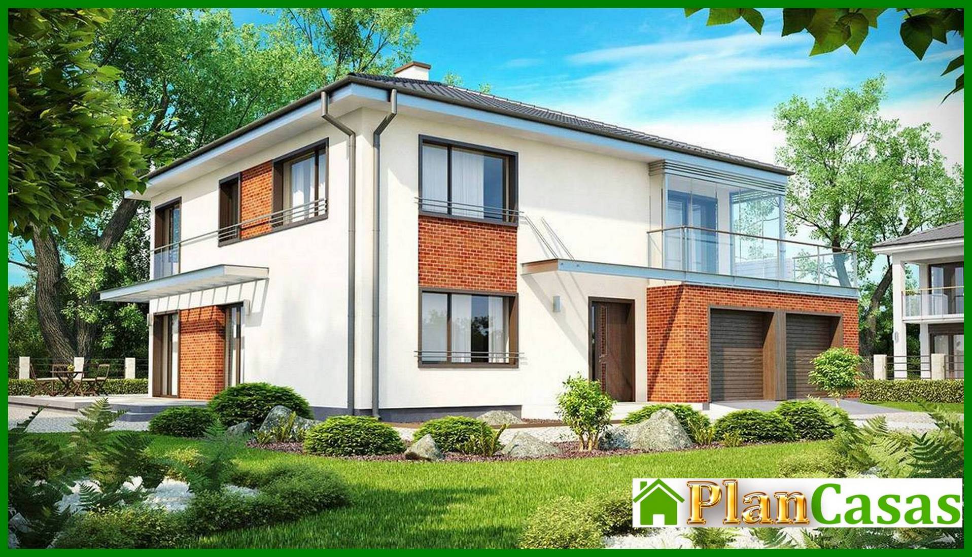 Project of a two-story house with a bay window above the garage