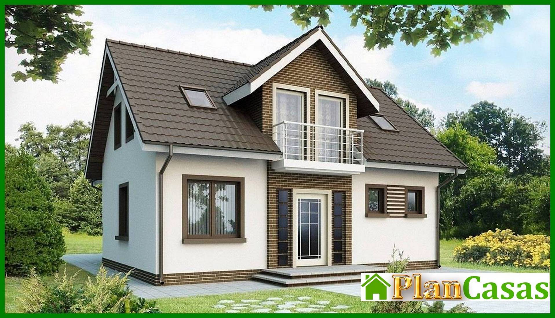 Simple house project with a balcony above the entrance house plan
