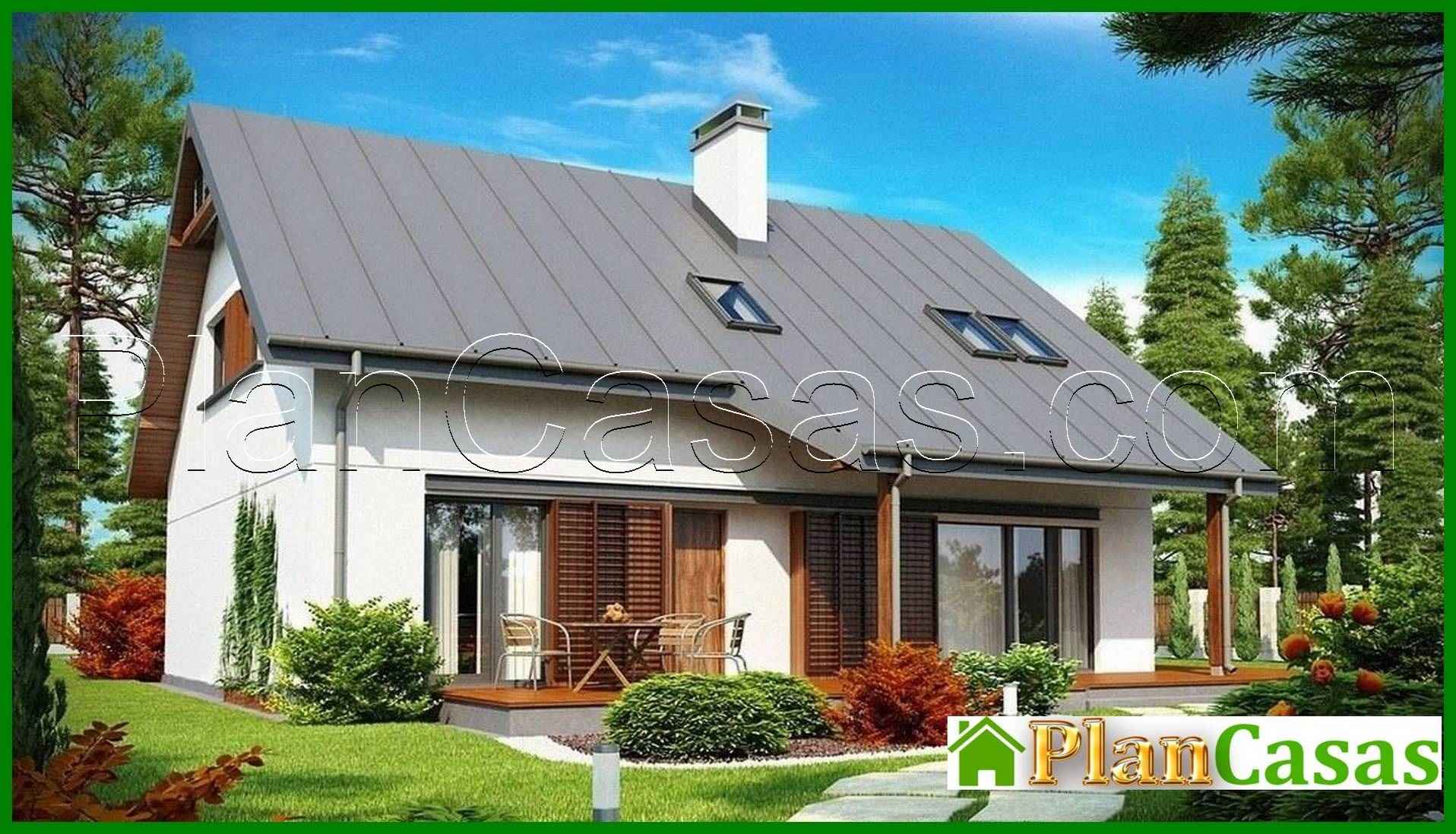 Cottage project with an attic, a garage, an office on the ground floor and a bay window house plan