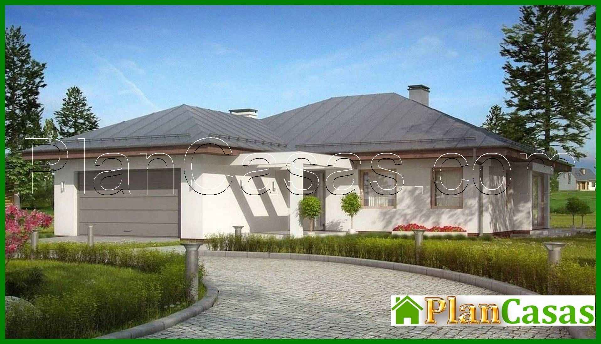 Single-storey house project with a large garage for two cars house plan