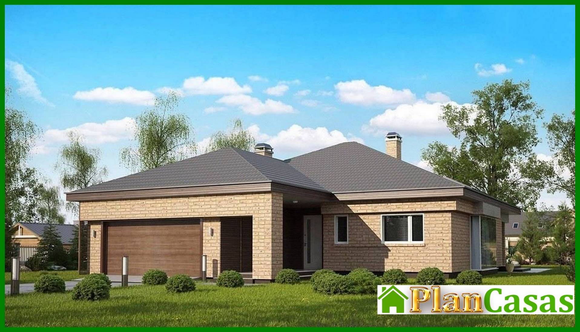 The project of a one-story cottage with a garage and a brick facade house plan