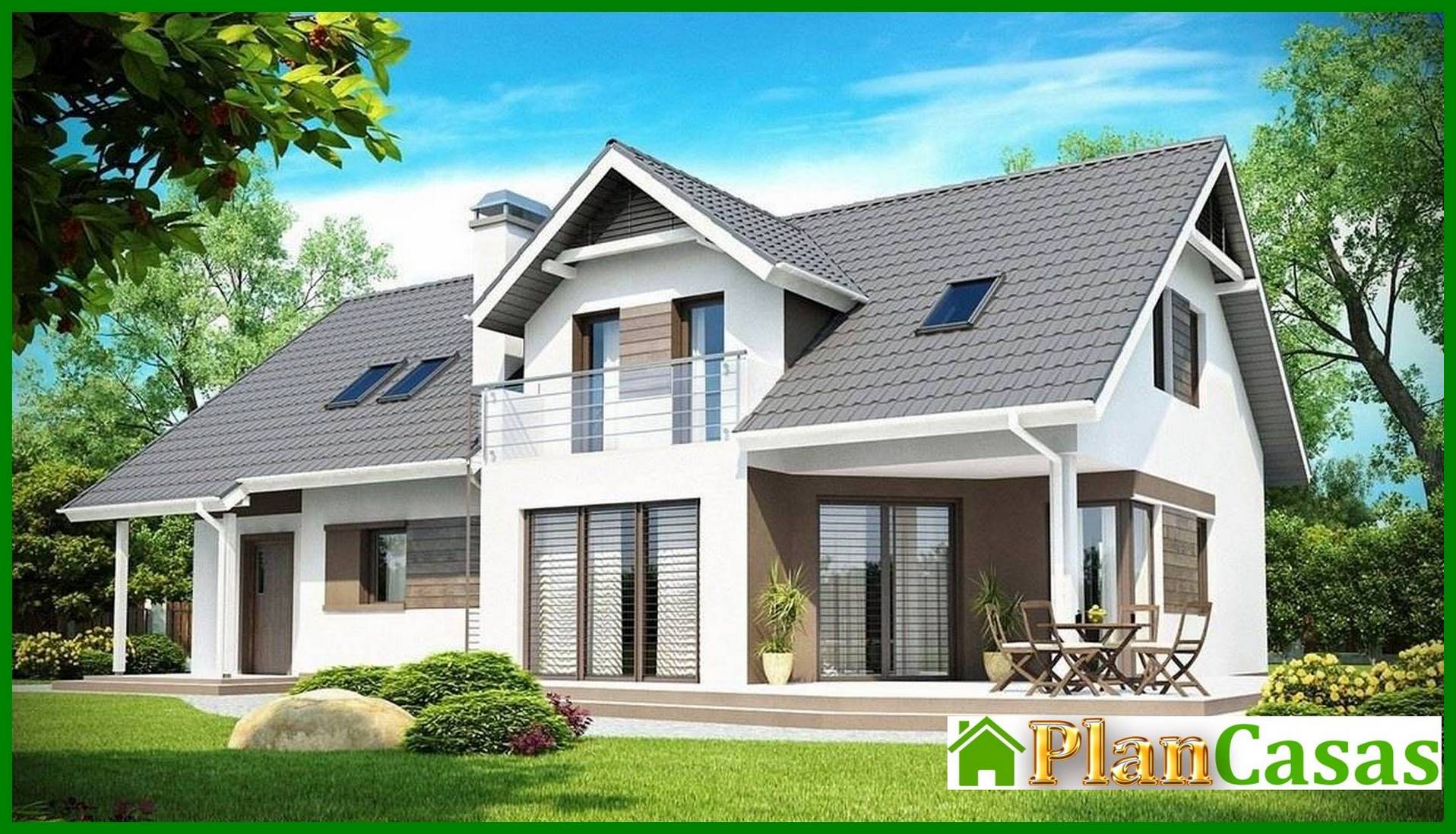 Cottage project with built-in garage, corner terrace and study house plan