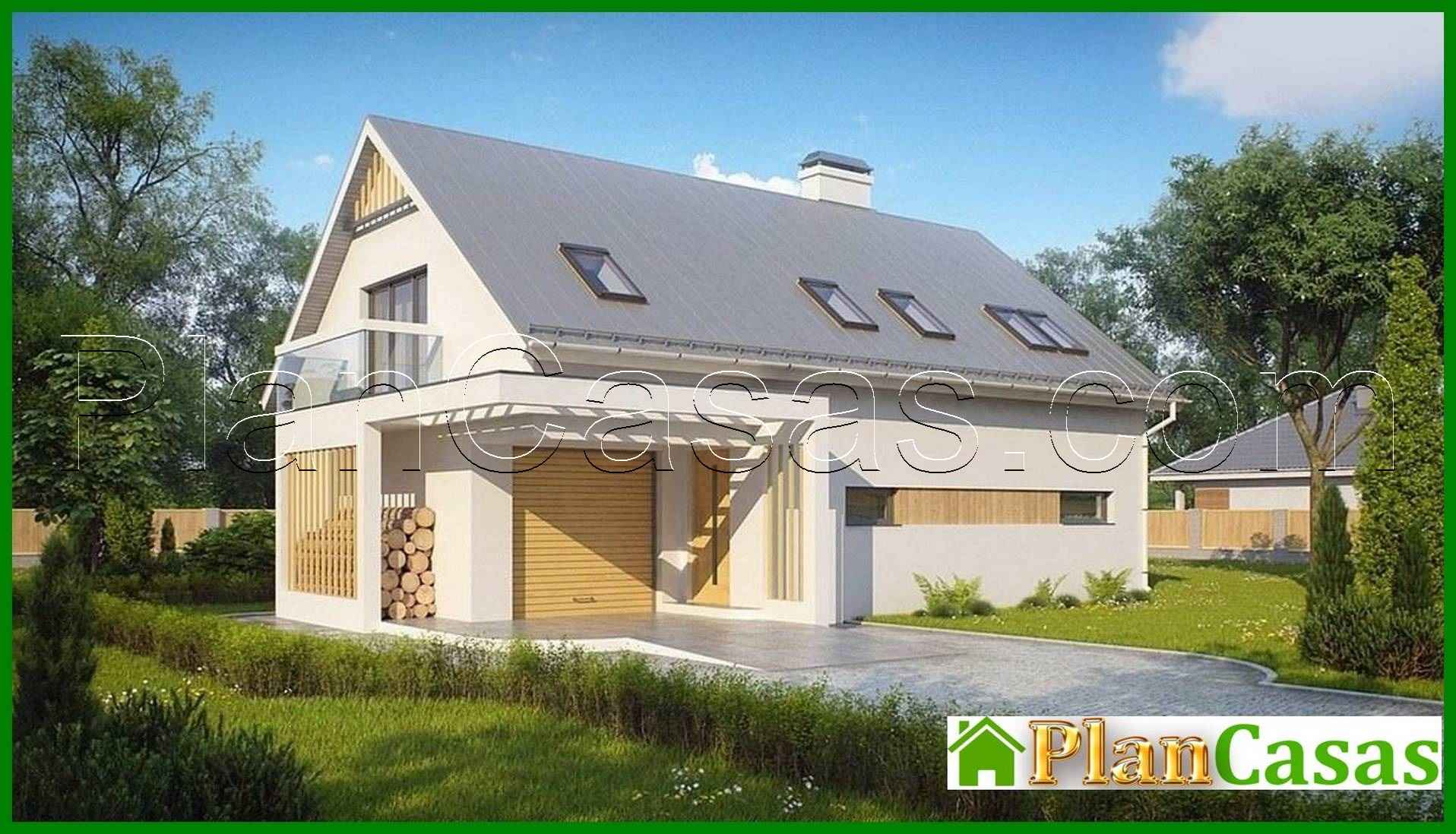 House project with garage, glass bay window and balconies house plan