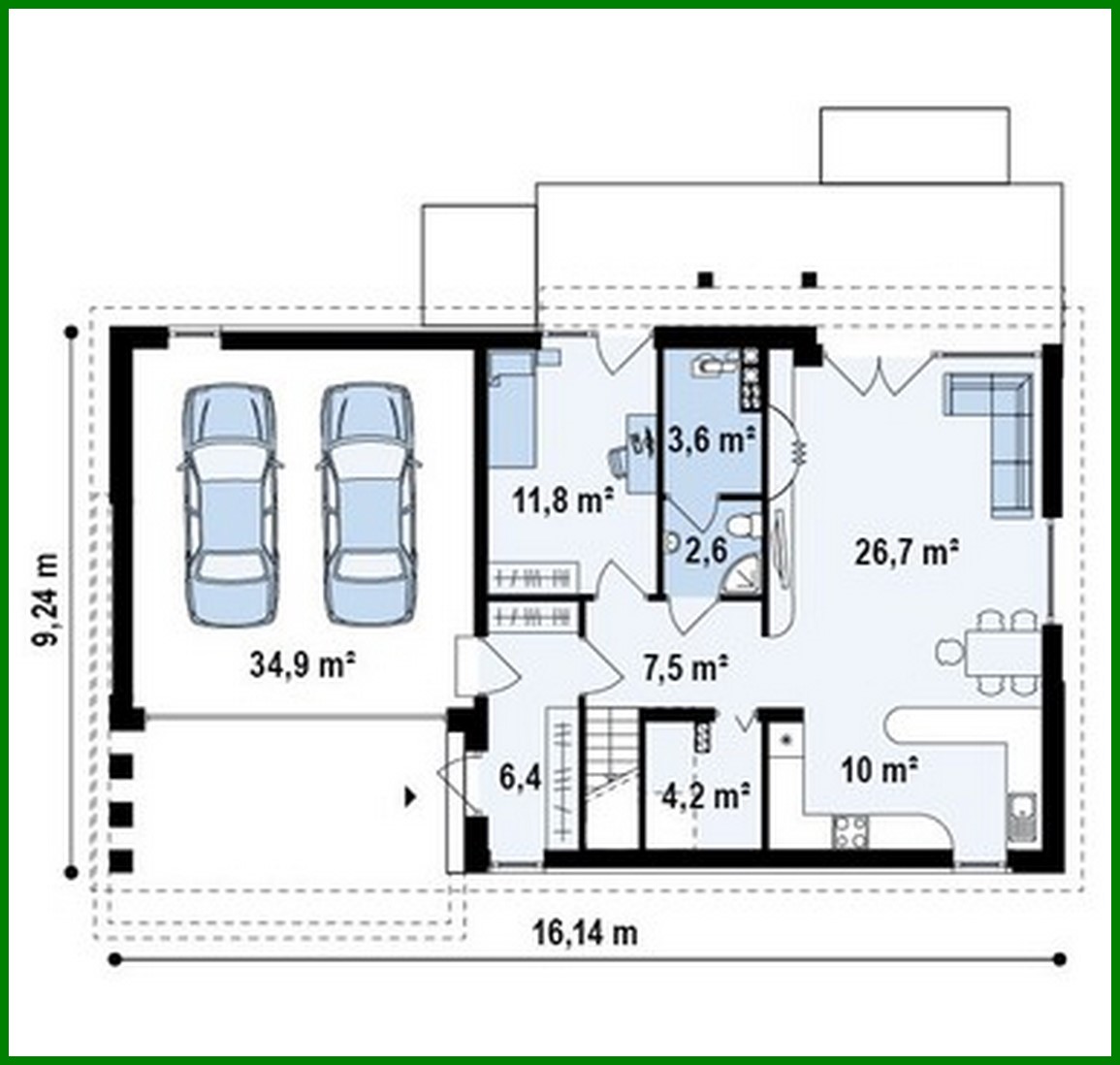 Visualization gallery - House project with a gable roof and a garage for two cars
