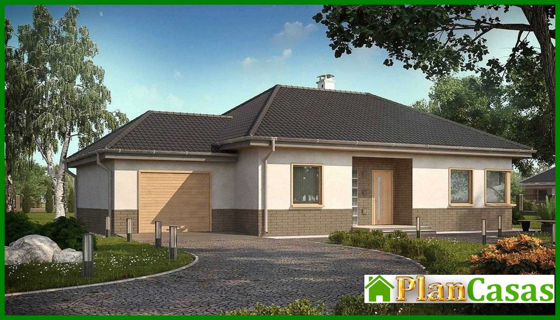 The project of a one-story summer classic house with a four-gable roof house plan