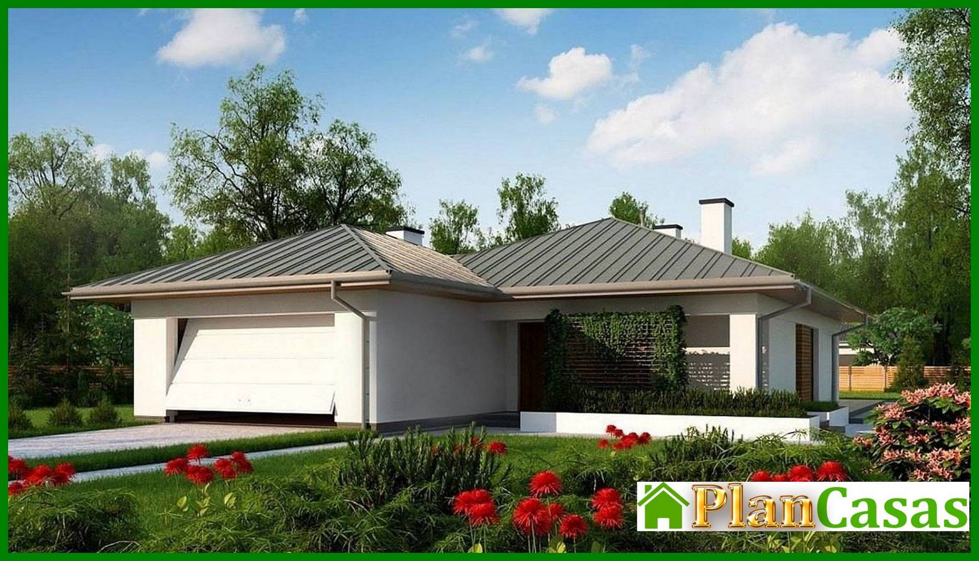 Visualization gallery - The project of a classic one-story cottage with a garage for two cars with an area of ​​up to 150 m2