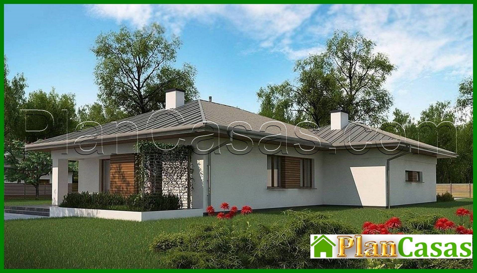 Visualization gallery - The project of a classic one-story cottage with a garage for two cars with an area of ​​up to 150 m2