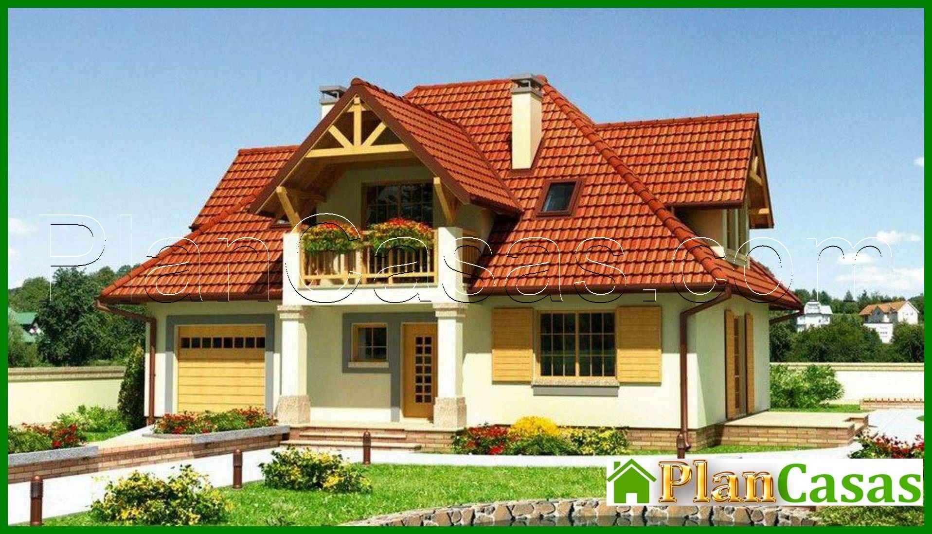 Project of an individual mansion with wooden details house plan